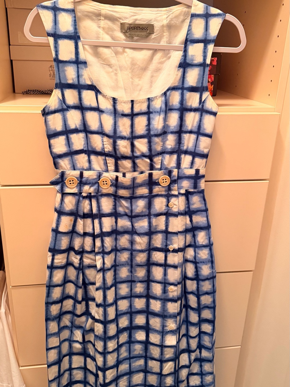 Sportmax Girls Blue & White Grid Sundress with Buttoned Waist